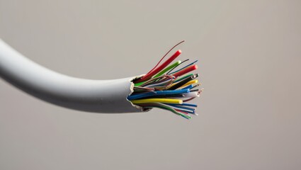 A neatly prepared white electrical cable with its outer jacket carefully removed, showcasing an organized bundle of numerous thin, brightly colored inner wires, ready for connection or termination.