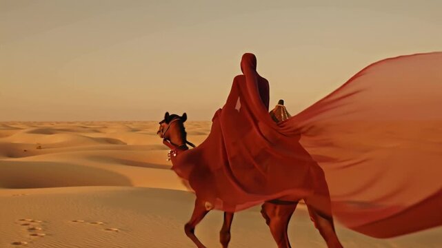 cinematic video, non-binary djinn demon riding camel vast desert dunes golden hour, flowing red silk veils covering face body, veils moving alive magical wind, androgynous features, glowing eyes