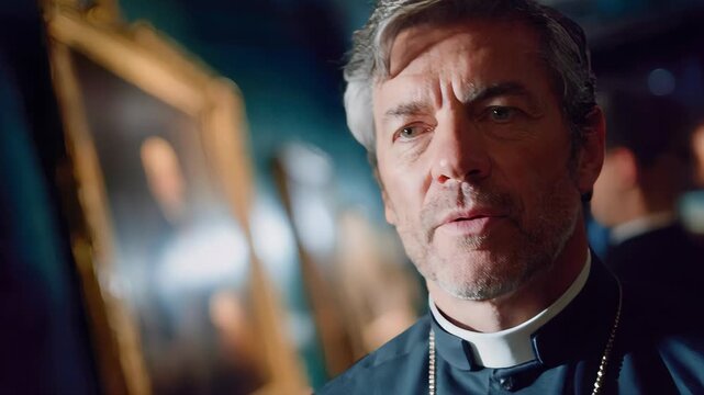 Profile portrait of a serious priest in clerical collar viewing framed artwork in a dim gallery, cinematic lighting and shallow depth of field