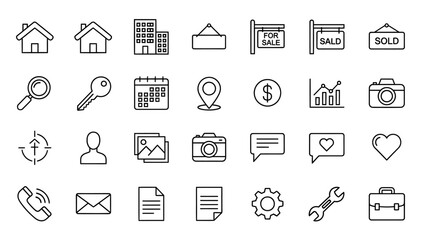 Real estate and business icons set with houses, buildings, location, sale, sold, finance, and communication vector illustration