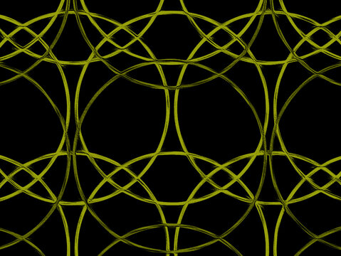 Seamless abstract geometric pattern with overlapping glowing yellow circular lines on a black background. Elegant symmetric design creating a sense of rhythm, connection, and digital energy, suitable 