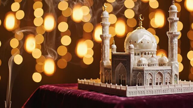 A miniature mosque model with a Ramadan background gradient and mosque silhouette, set on a velvet surface against a warm, bokeh-lit backdrop.