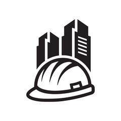Building logo icon. Showing city skyscrapers combined with a construction hard hat, representing safety, engineering, and professional contractor work.