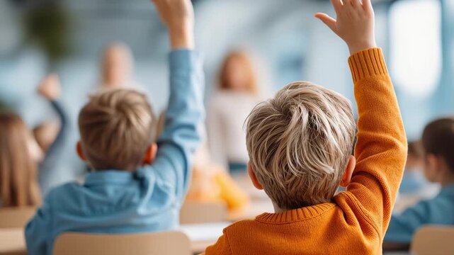 rear view of school children raising their hands in a classroom, showing active participation, learning, and engagement during a lesson