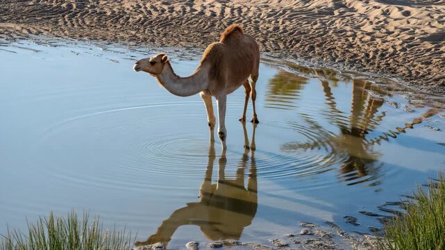 Calm camel stands peacefully drinking from shallow desert water pool