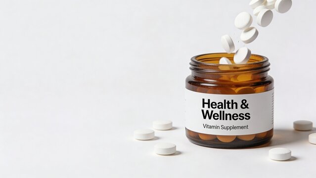 Close-up of a Health Wellness vitamin supplement glass bottle with white tablets falling into it, minimalist healthcare and medical nutrition concept
