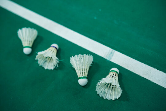 White shuttlecocks scattered across a vibrant green badminton court near boundary lines, capturing the aftermath of an intense training or match. Ideal for sports, badminton, and fitness concepts.