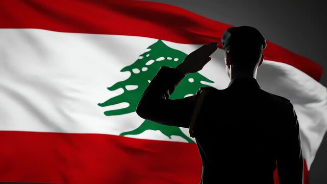 Silhouette of soldier saluting in front of waving Lebanese flag