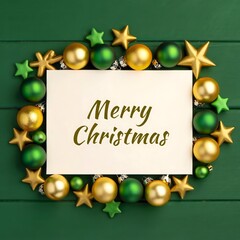 Merry Christmas Card with Gold and Green Ornaments