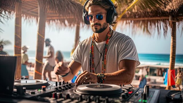 Beachside DJ Mixing Tracks Under Thatched Roof
