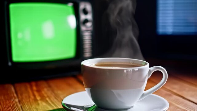 Steaming Cup of Coffee in Front of Vintage Television with Green Screen Background. Seamless looping 4k video background 