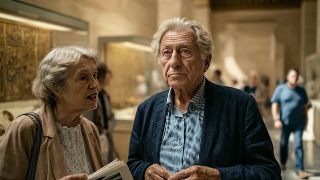 Senior couple in Louvre museum, Paris. Intrigued elderly man and woman examining artwork. Enjoying culture, art, and retirement together. Exploring historical collections. Authentic travel moment.