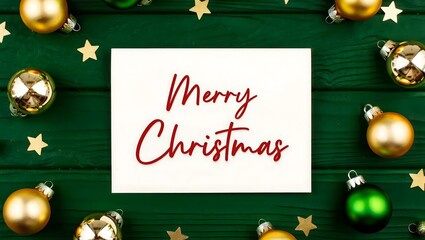 Merry Christmas Handwritten Message with Golden Ornaments and Star Decorations on Green Wood Background