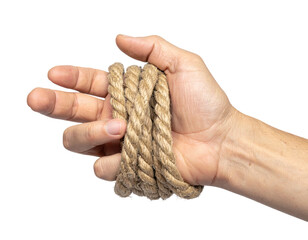 Hand Holding Twisted Natural Fiber Rope in a Detailed Close-Up View with Earthy Texture and Color