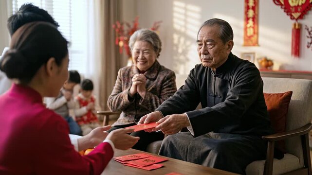 Elderly Chinese grandfather in traditional black changshan hands red hongbao envelope to young grandson. Smiling grandmother watches the solemn New Year ceremony.