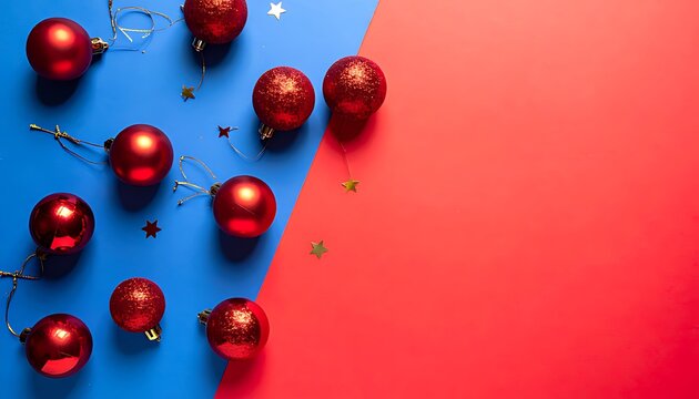 Festive Red Christmas Ornaments on Contrasting Blue and Red Background.