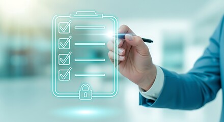 Secure digital checklist and data management concept with businessman using holographic clipboard interface and security lock.