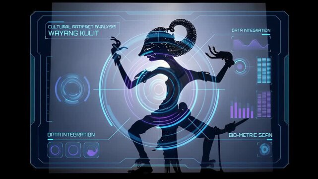 Futuristic Wayang Kulit Digital Shadow Puppet Show with Holographic Interface and Glowing Effects.