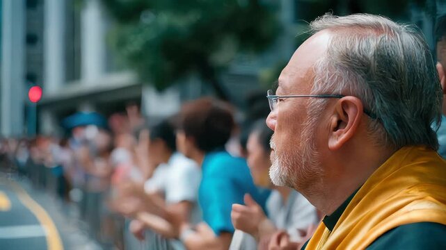 Close-up of a solemn priest in ornate vestments during an outdoor religious procession, with bright daylight and blurred crowd behind