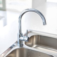 Modern Chrome Faucet on Stainless Steel Sink with Water Droplets