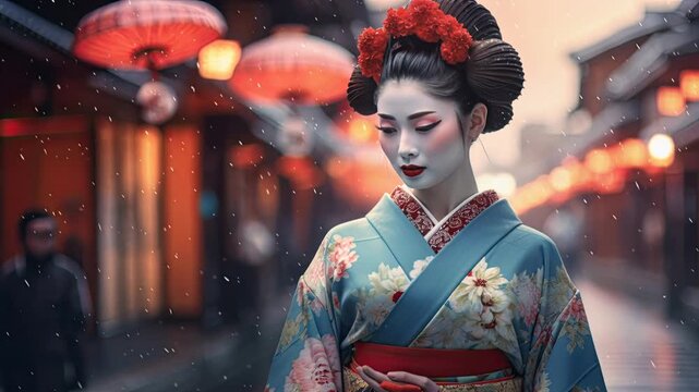 Geisha in Traditional Kimono Turns to Face Camera in Snowy Lantern Street