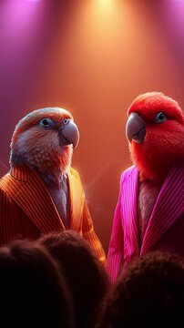 Two Colorful Parrots in Stylish Suits Performing Under Vibrant Stage Lights, Captivating the Audience with Their Charismatic Presence and Fashionable Attire