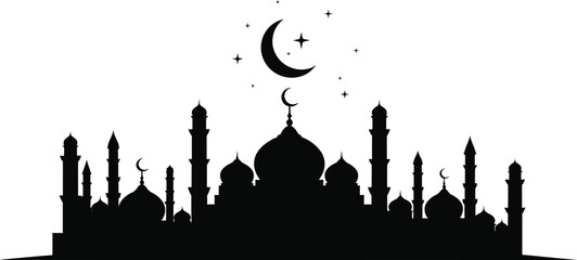 Obraz premium Silhouette of an islamic mosque with crescent moon and stars above
