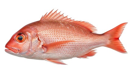 A vibrant red snapper fish with scales and fins, isolated on a clean white background, showcasing its fresh appearance and readiness for culinary use.