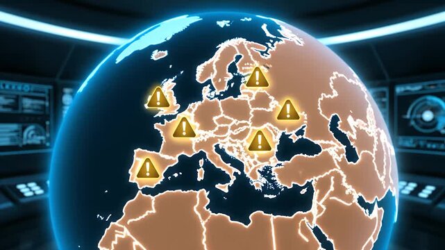 A 4K animation of a 3D holographic globe focused on Europe, where digital alert icons suddenly pop up and pulse over countries. The map shifts from blue to a glowing amber-orange, indicating a crisis.