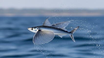 Fototapeta premium A flying fish leaps gracefully out of the deep blue ocean water, its large pectoral fins spread like wings, creating a splash.
