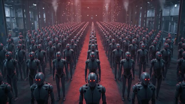 Robot Army Grey Androids Marching in Factory with SciFi Dystopia.