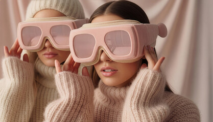 Fashionable duo utilizing soft-touch virtual reality visors in monochrome pastel knitwear for immersive digital escapism