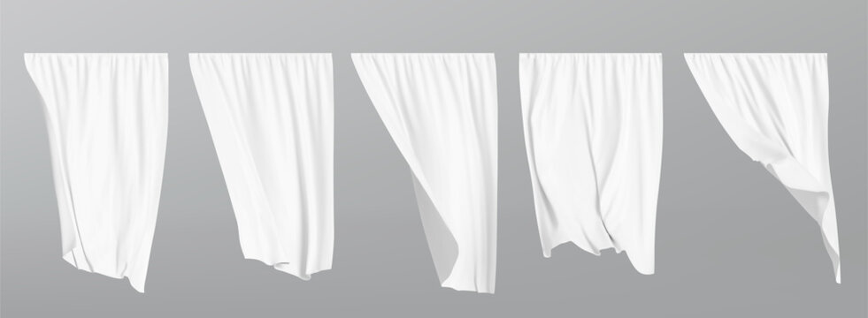 White fluttering curtain set. Vector realistic illustration isolated on grey background.