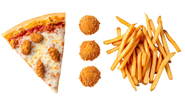 Delicious pizza slice with chicken nuggets and french fries