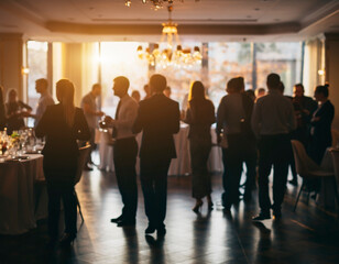 Obraz premium Blurred corporate networking event with professionals socializing in a modern business environment. Abstract background ideal for concepts of communication, teamwork, business culture and professional