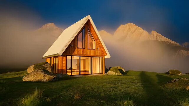 Wooden Aframe house on green hillside with mountains in background