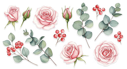 Watercolor Roses, Eucalyptus, and Berry Sticker Set