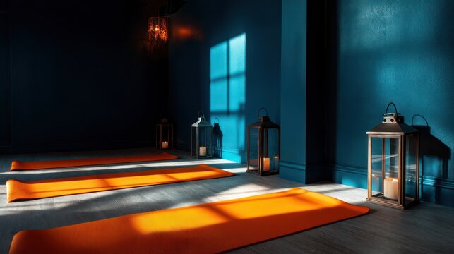 Vibrant yoga space with deep teal walls bright orange mats hard spotlight casting dramatic corner shadows brushed steel
