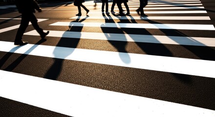 Pedestrians silhouettes crossing zebra stripes symbolising urban commuting and society