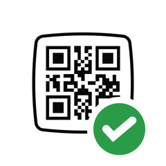 QR code with a green checkmark icon. Vector graphic representing successful scan, verified link, secure digital payment, and completed mobile transaction on a clean white background.
