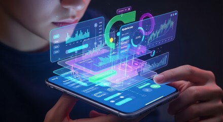 Person interacting with futuristic mobile interface displaying analytical data dashboards