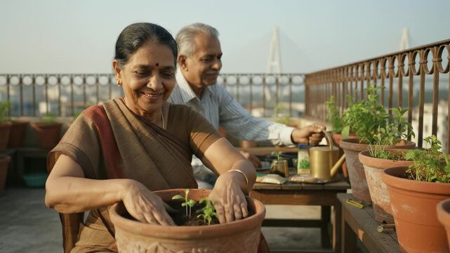 Indian senior couple gardening together on rooftop terrace. Elderly woman plants seedling, enjoying retirement and nature. Peaceful hobby. Healthy lifestyle. Family bond.