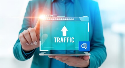 Businessman holding tablet with digital traffic growth interface and upward arrow for SEO marketing concept