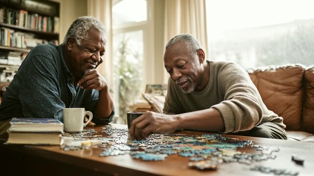 Joyful senior African American men enjoying a puzzle together at home. Warm companionship, leisure, retirement lifestyle, friendly connection, happy moments, cozy interior.
