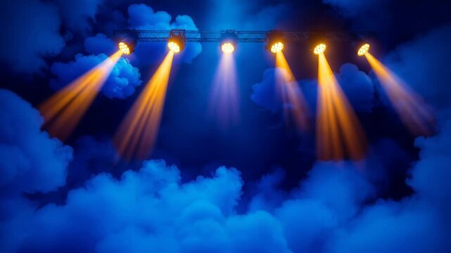 Theatrical spotlights emitting yellow light beams through a dense blue fog during a performance
