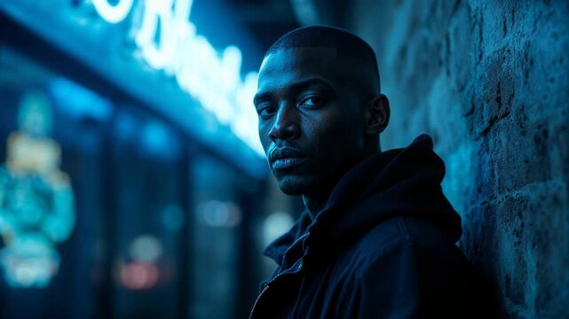 Young confident man leaning against a brick wall at night in a futuristic, neon lit urban city street