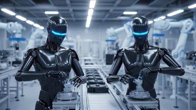 Robotic Precision Factory of the Future with AI Automation and Production.