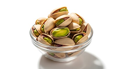 Pistachios in Glass Bowl on White Surface