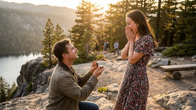 A man and woman are getting married on a mountain top. The man is kneeling down and presenting the woman with an engagement ring. The woman is crying tears of joy
