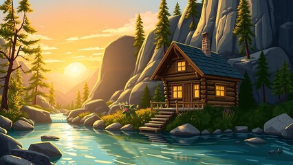 Log Cabin by Mountain River at Sunset with Golden Light Reflection